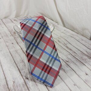 Perry Ellis Portfolio Men's Silk Necktie Red Gray Blue Plaid NWOT 59x3"